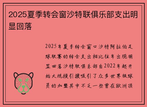 2025夏季转会窗沙特联俱乐部支出明显回落